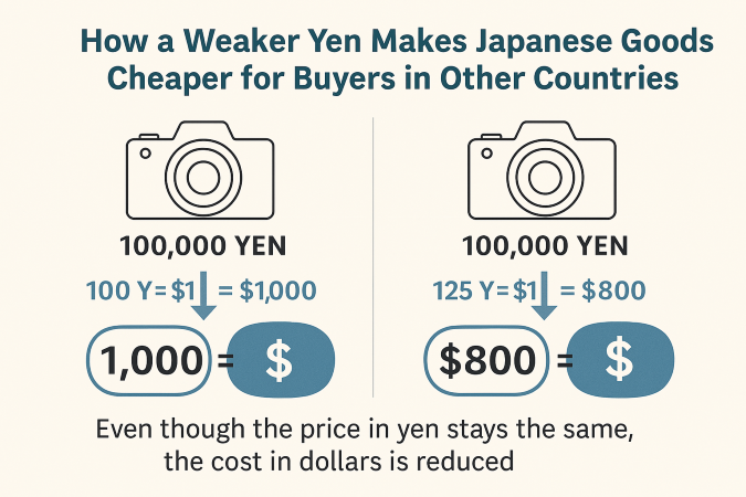 Diagram of weaker yen reducing export prices for U.S. buyers.